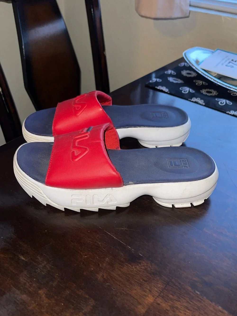 Fila Red Strap Navy Footbed White Sole Slide Sandals